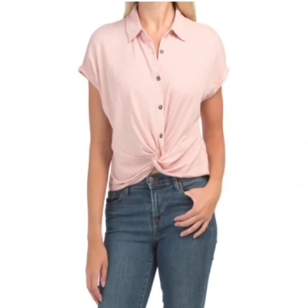 ⭐️2/$15 Marled Essentials Pink Knit Button Up Short Sleeve Cropped XS Wrap Front